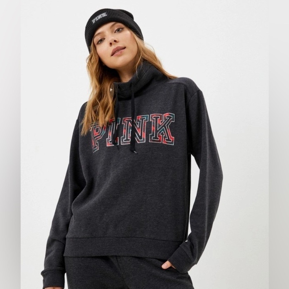 VS PINK | Everyday Lounge Cowl Neck Pullover Sweatshirt with Plaid Logo Small